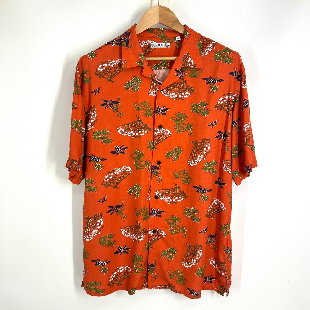 Uniqlo Mens M Rayon Short Sleeve Camp Shirt Orange Japanese Fan Print 427156